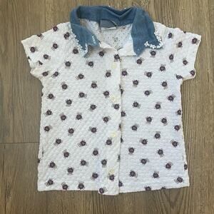 Vintage Teddy Bear Heart Button Up Denim Floral Trim Size 2T Toddler